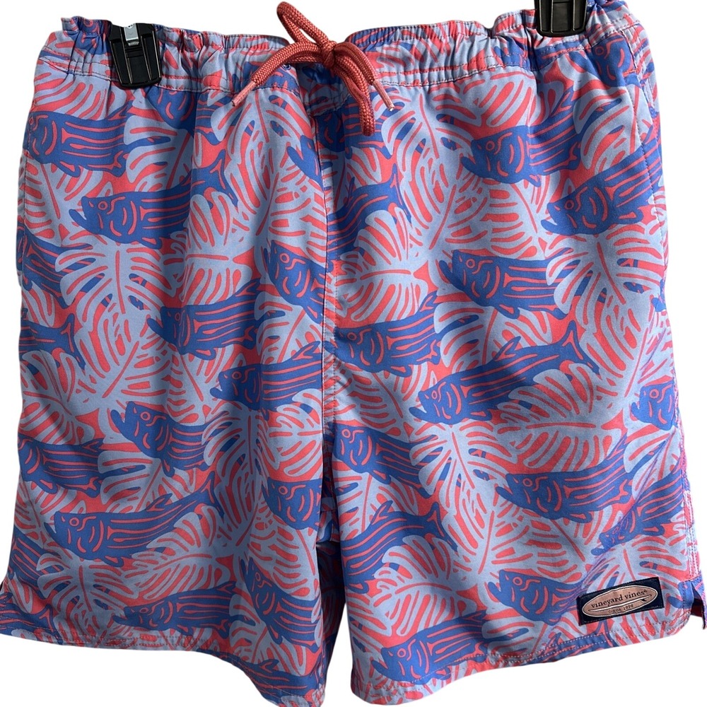 Vineyard Vines Swim Trunks Shorts Boys XL (18) Pink Blue AOP Fish Mesh Liner Kid